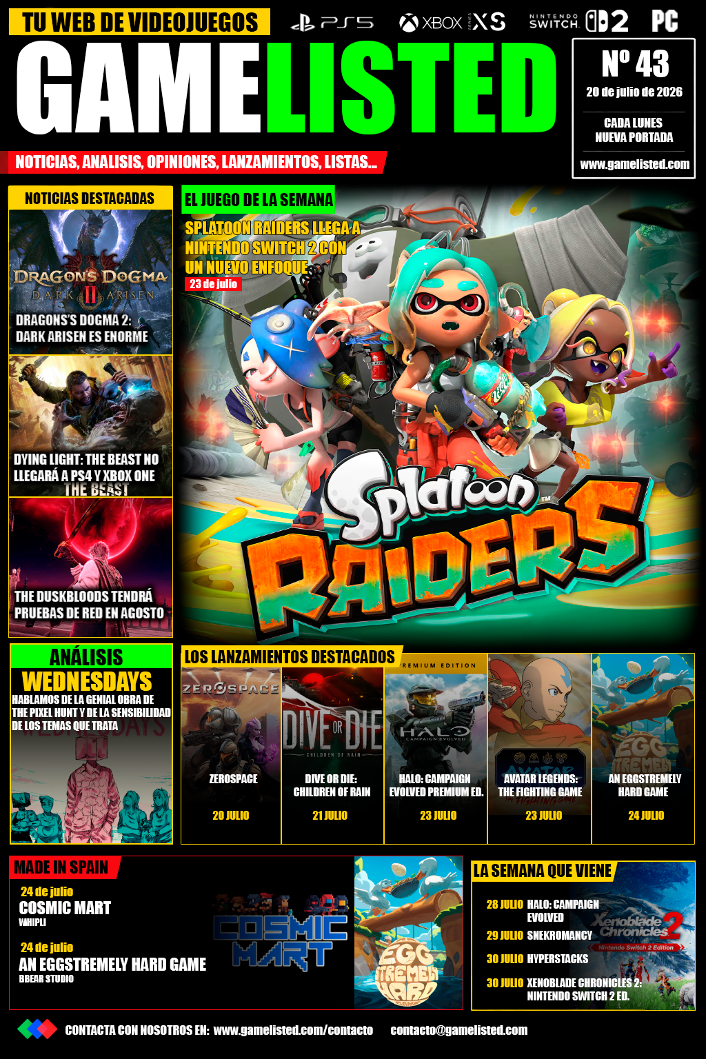 Portada de Nintendo toma el protagonismo con Splatoon Raiders y el test de The Duskbloods.